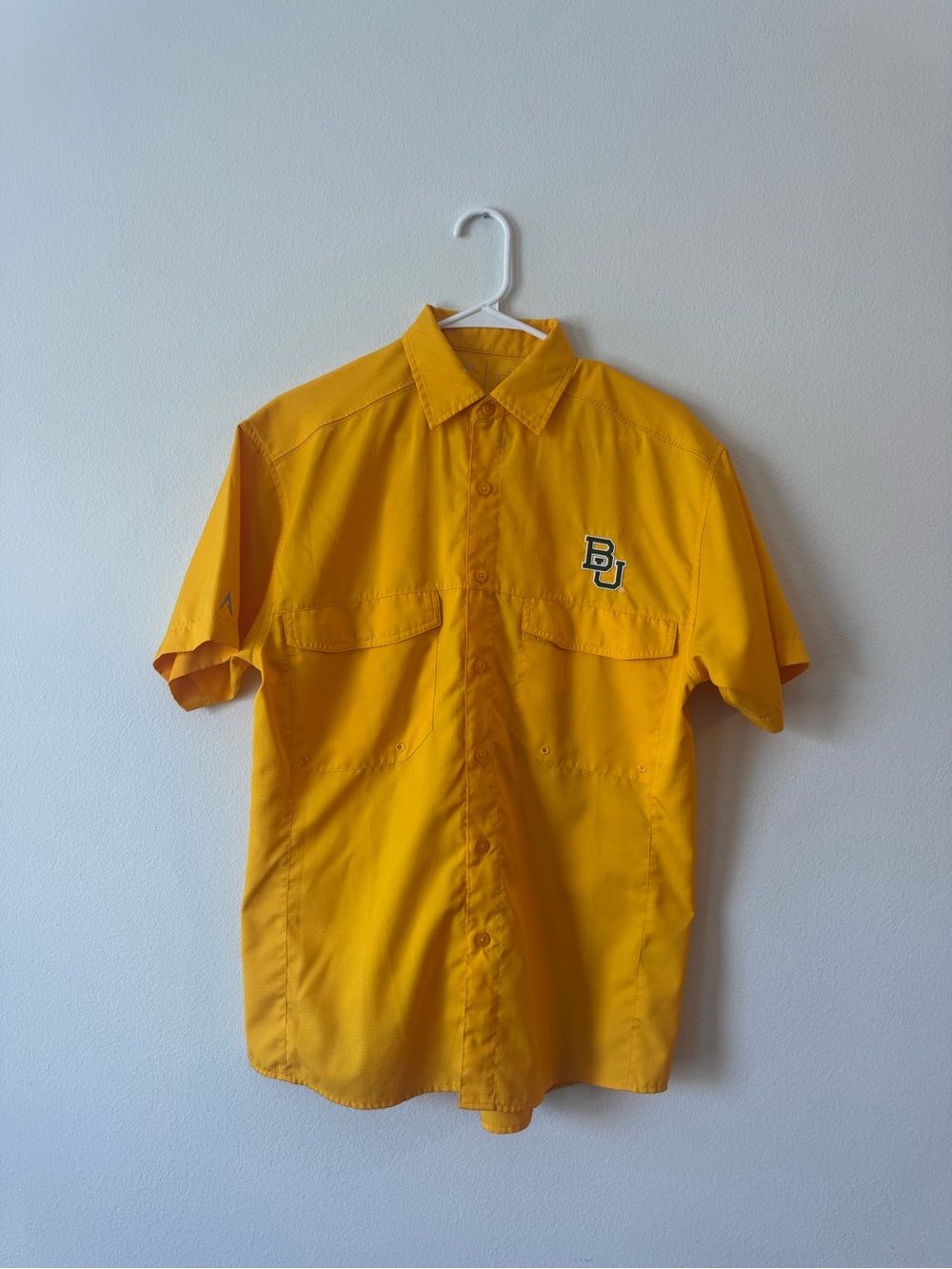 Antigua Men's Short-Sleeve Button-Down Shirt in Gold Yellow with BU Baylor Logo